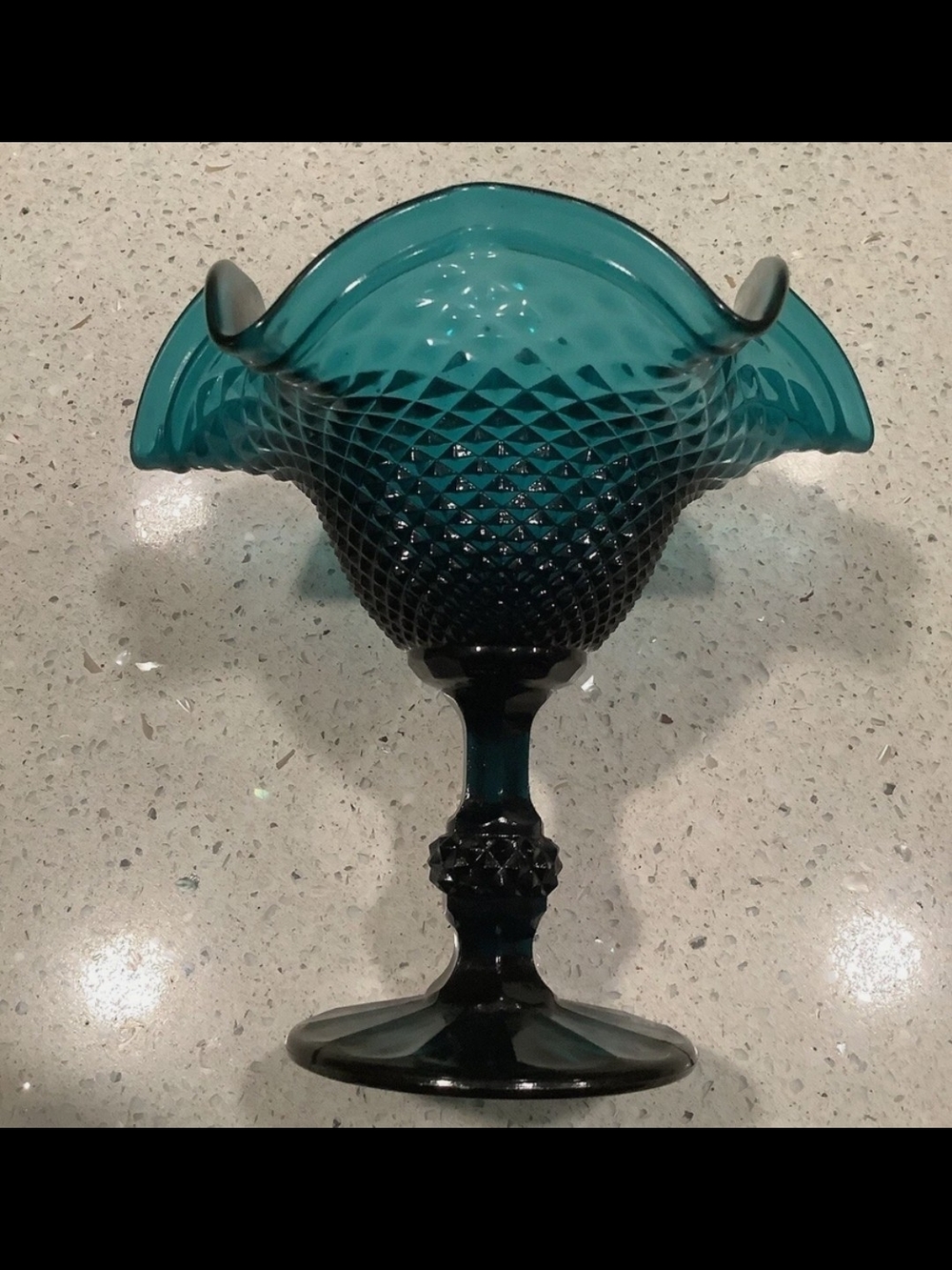 Vintage 60’s Teal Diamond Point Glass Pedestal Dish With Ruffled Rim